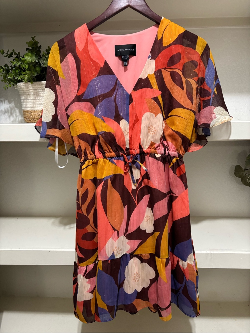 Donna Morgan multi-colored floral print mini dress with tie waist in a US 4